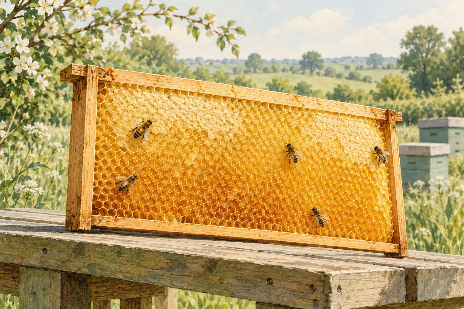 Illustration of a honeycomb frame resting on an apiary bench